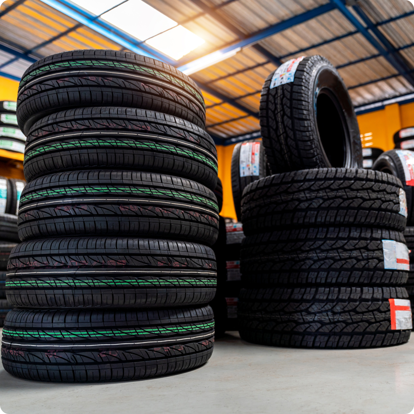 Pilhas de pneus novos em estoque de centro automotivo, destacando variedade de modelos e aplicações para revenda e frotas.